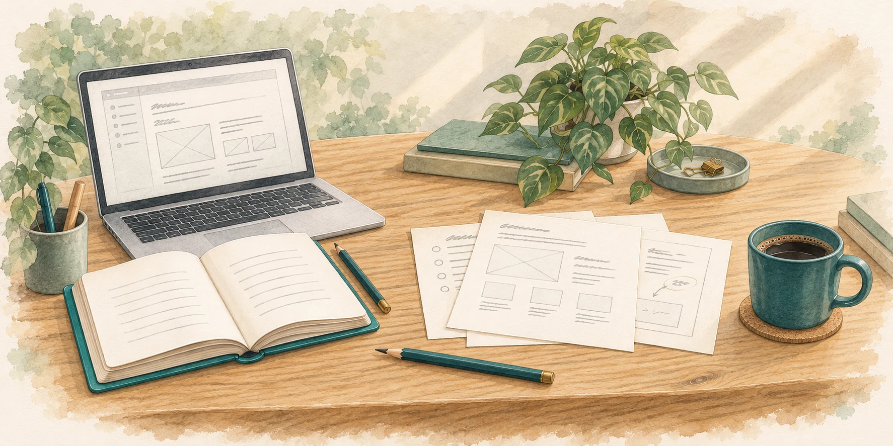 A wooden table ready to work together, with an open notebook, pencil sketches, a laptop and fresh coffee.