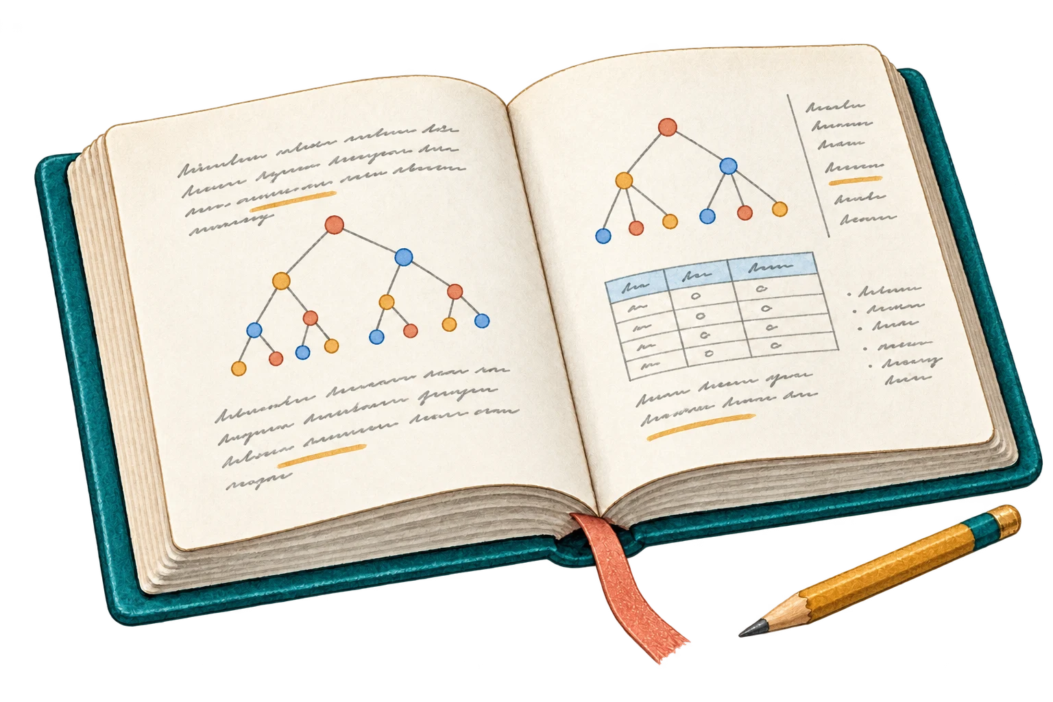 An open teal-bound book, with branching examples, a table and handwritten margin notes.
