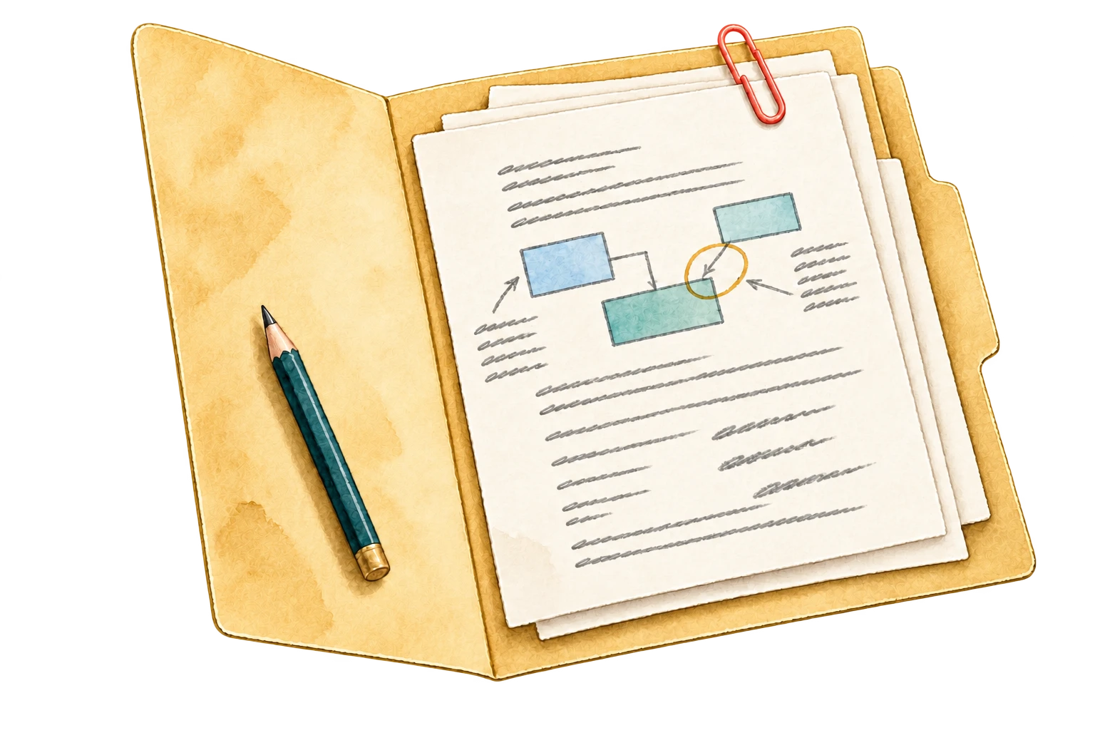 An open paper dossier with a system diagram and written evidence. A magnifying glass examines the connections and findings.