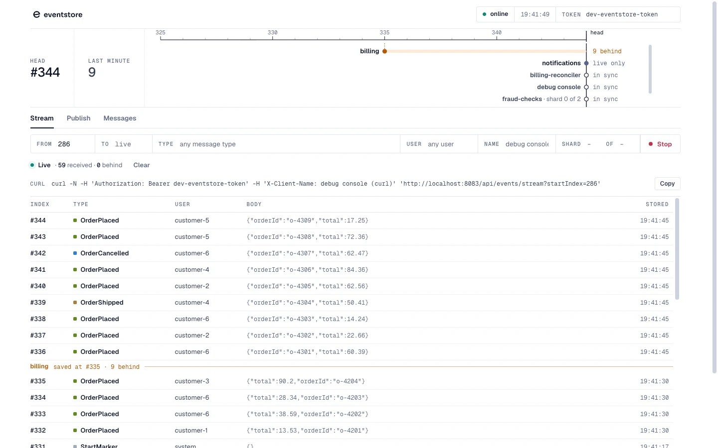 A close-up of EventStore’s console showing the log summary, stream controls and first event rows.