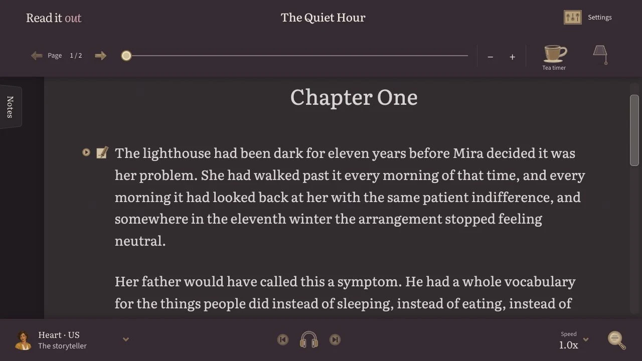 ReadItOut with enlarged sample-book text, page controls and reading playback.