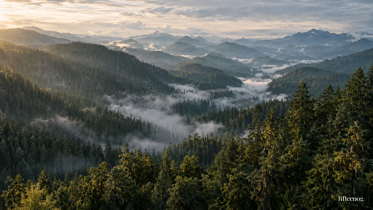 Layers of forest and mountain ridges at first light, with a small fifteen02 wordmark.
