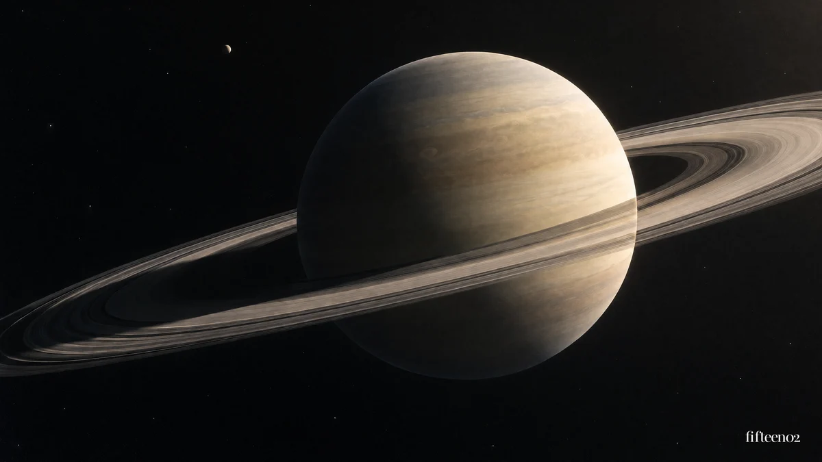 An ivory ringed planet against dark space, with a small fifteen02 wordmark.